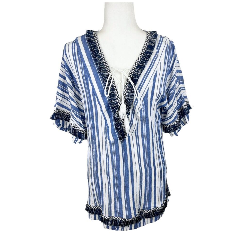 Velzera Blouse Women Small Blue White Striped Fringe Boho Tunic Short Sleeve Top